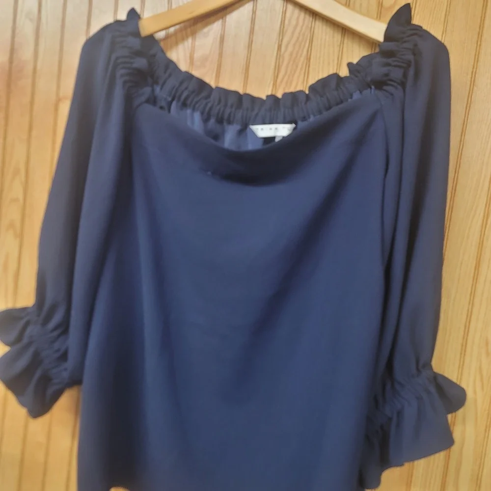 Trina Turk Navy Blue Off Shoulder Ruffle Sleeve Blouse Quiet Luxury Top Large